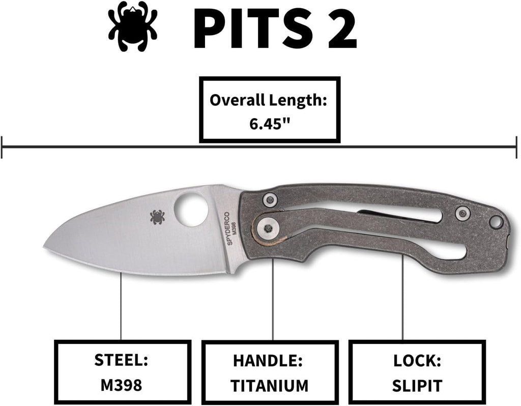 Spyderco Pits 2 Folding Pocket Knife with 2.7' M398 Steel Blade and Titanium Handle - EDC Knife for Men and Women, Perfect for Hunting, Tactical, Camping, Survival, Hiking - PlainEdge - C269TIP