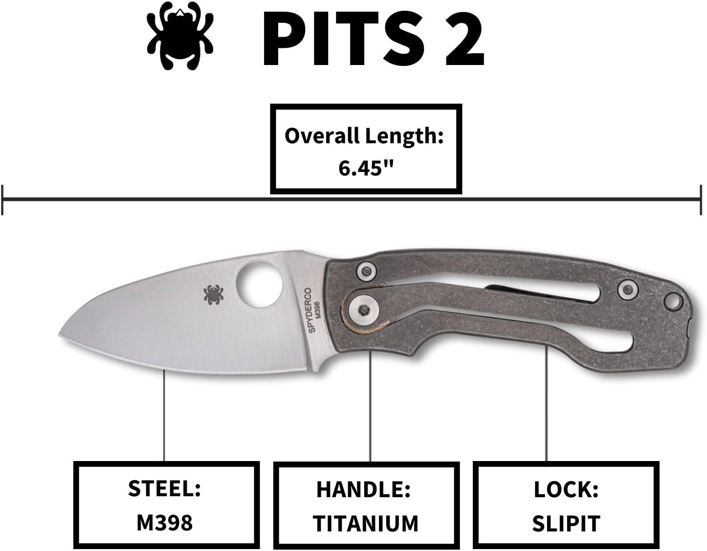 Spyderco Pits 2 Folding Pocket Knife with 2.7' M398 Steel Blade and Titanium Handle - EDC Knife for Men and Women, Perfect for Hunting, Tactical, Camping, Survival, Hiking - PlainEdge - C269TIP
