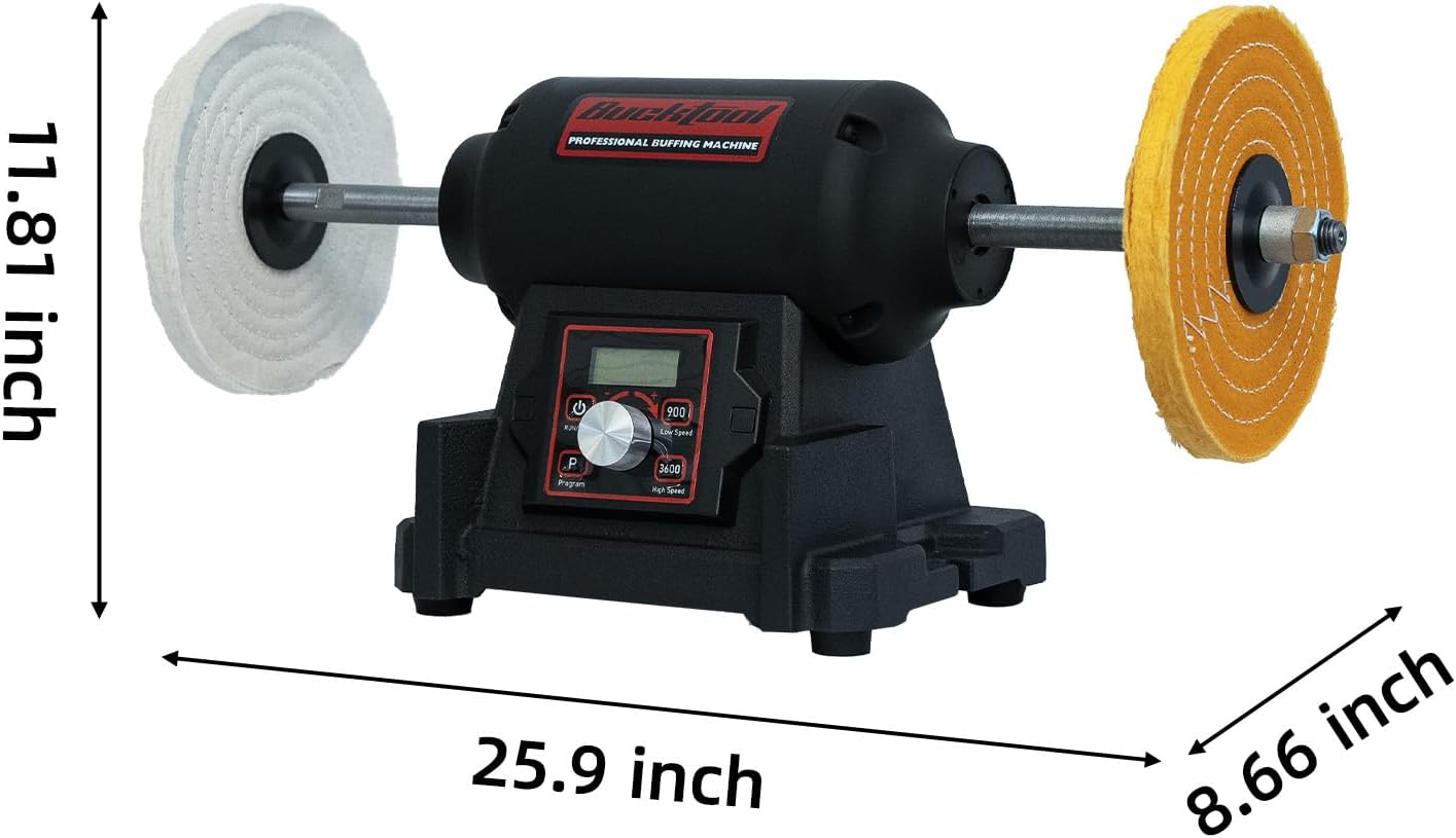 BUCKTOOL 1HP VFD Motor 8-Inch Variable Speed Bench Buffer Polisher, 900-3600 RPM One Button Speed Setting Powerful Benchtop Polisher, Extended Polishing Shaft for Jewelry, Metal Power Bench Grinders