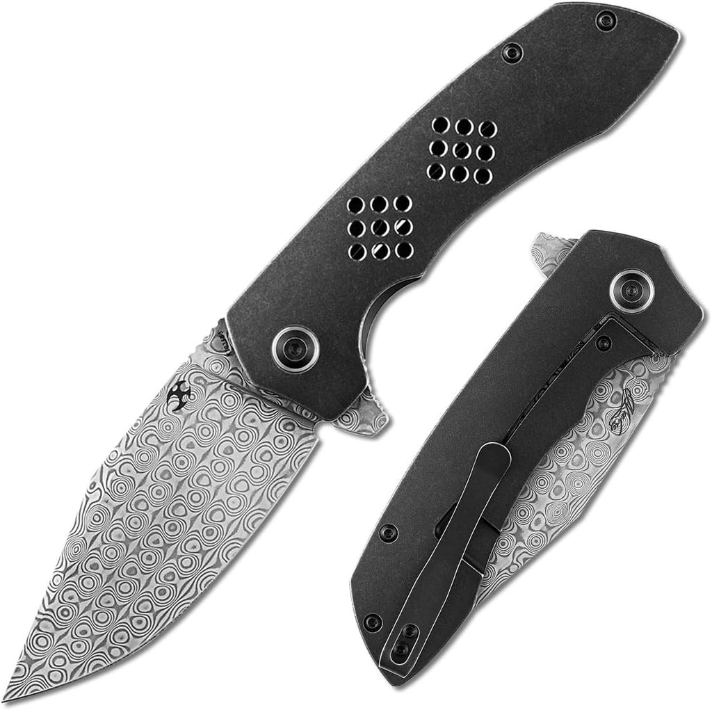 KANSEPT Entity Pocket Folding Knives EDC Camping Folding Knife 3.52'' Dmascus Blade Pocket Folding Knife with Black TiCn Coated and Stonewashed Titanium Handle Everyday Carry K1036B3