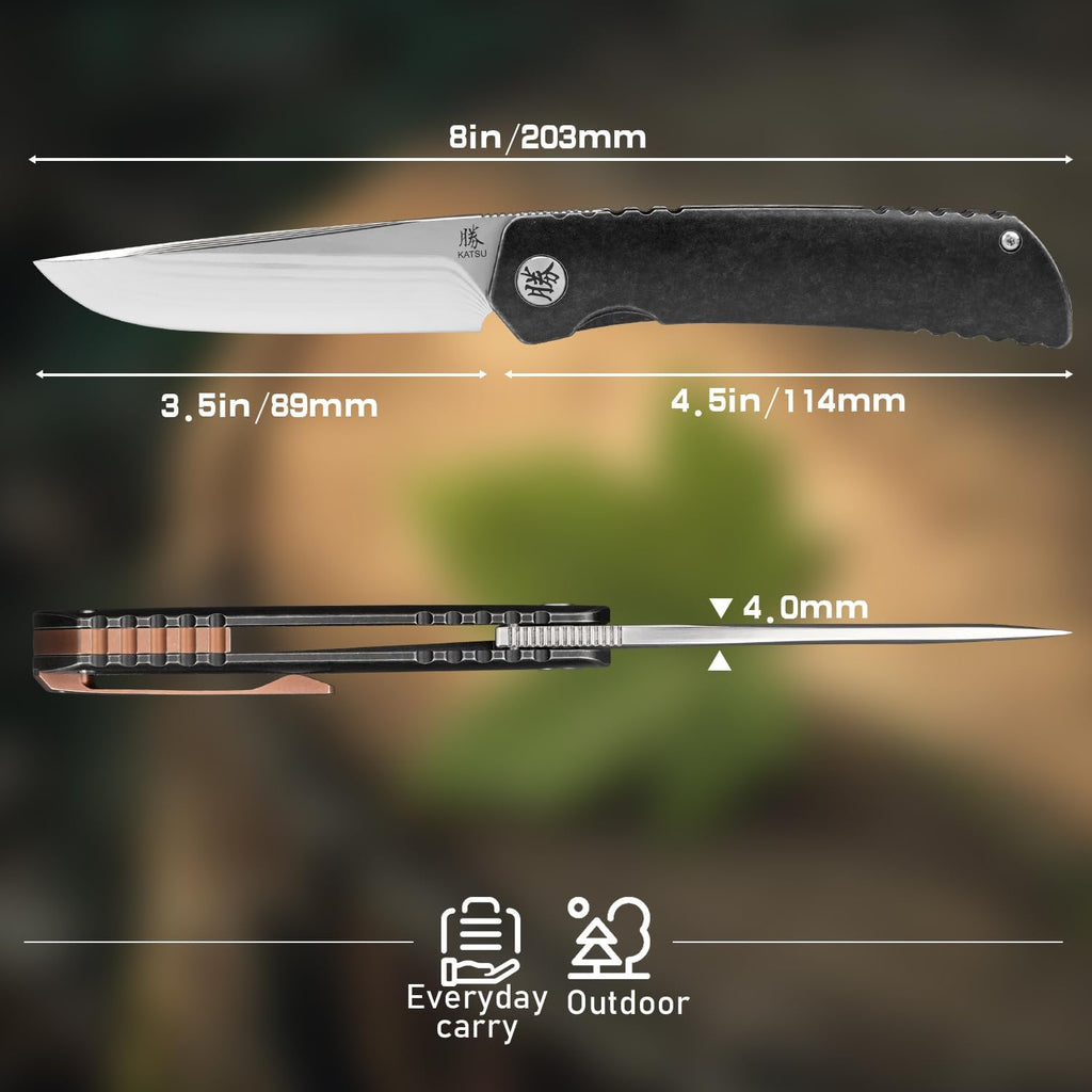 KATSU Folding Pocket Japanese Knife, 17 Layers ZDP-189 Super Steel Convex Grind Blade, Titanium Alloy Handle & Clip, Frame Lock, Leather Sheath