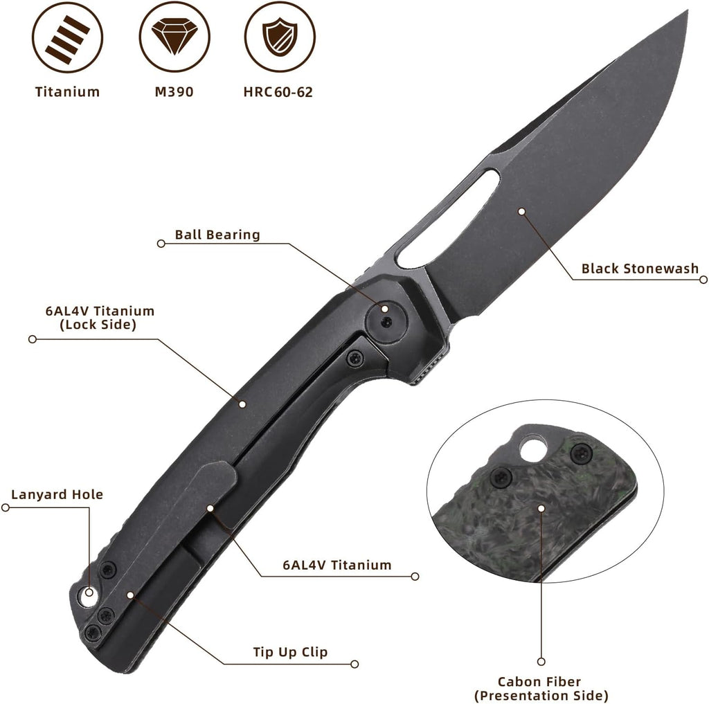 Pocket Knife, 3.5' M390 Blade Folding Knife Hunting Knife Survival Knife with Pocket Clip, EDC Knives for Hunting Camping Survival Outdoor Fishing Hiking (Black&Green)