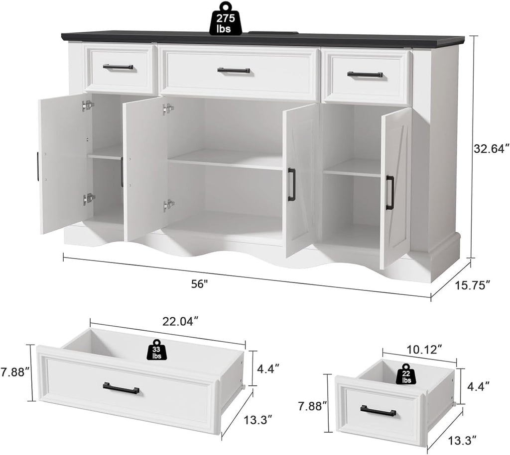 56' Buffet Cabinet Sideboard with Storage: Built-in Charging Station, Farmhouse Wood Coffee Wine Bar, Furniture with Drawers and Doors for Kitchen, Dining Room, Living Room, White