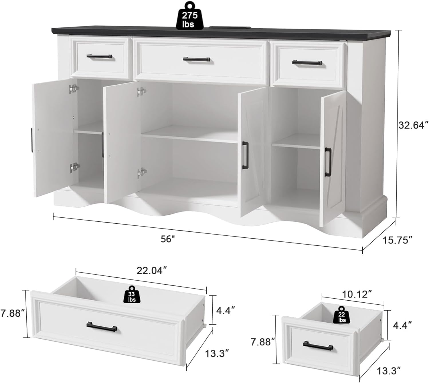 56' Buffet Cabinet Sideboard with Storage: Built-in Charging Station, Farmhouse Wood Coffee Wine Bar, Furniture with Drawers and Doors for Kitchen, Dining Room, Living Room, White