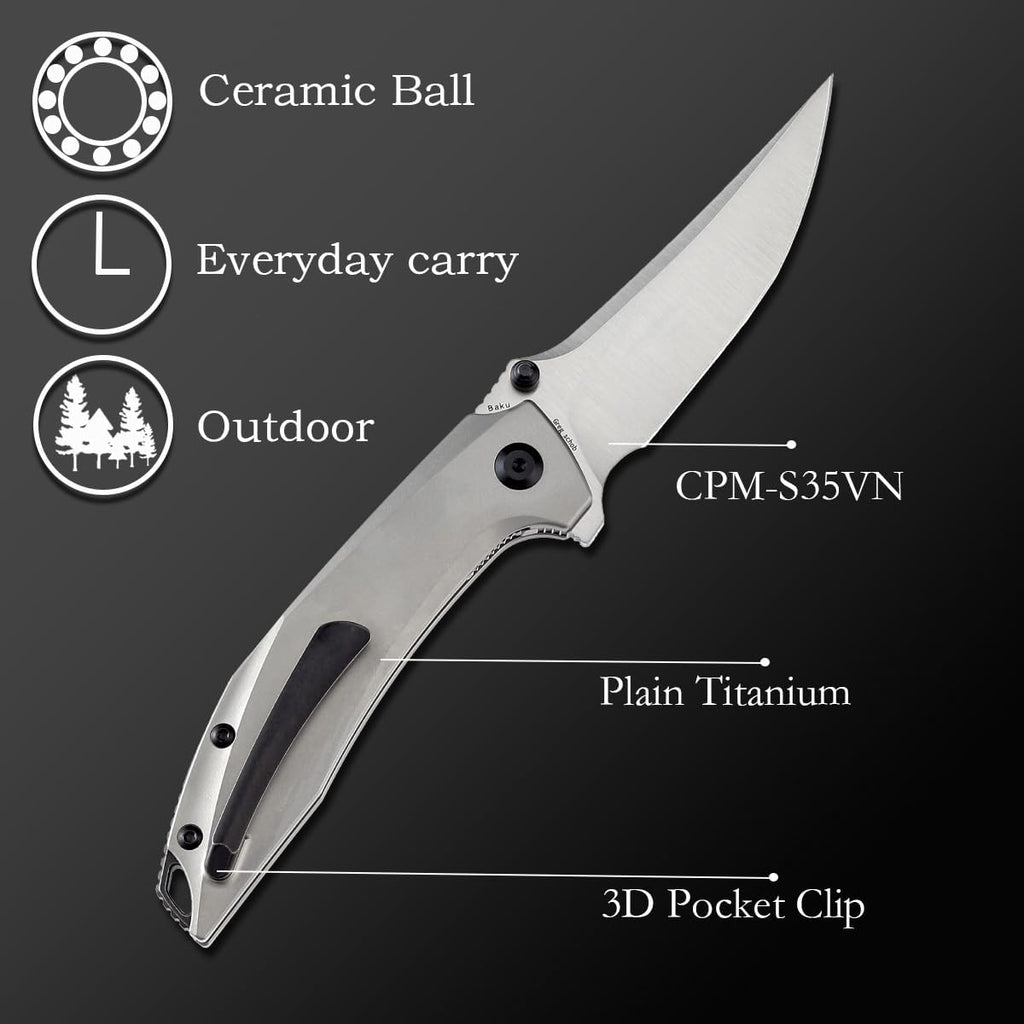 KANSEPT Baku Pocket Folding Knives for Men EDC Camping Folding Knife 3.2'' Satin CPM-S35VN Material Outdoor Folding Knives with Plain Titanium Handle Everyday Carry K1056A3