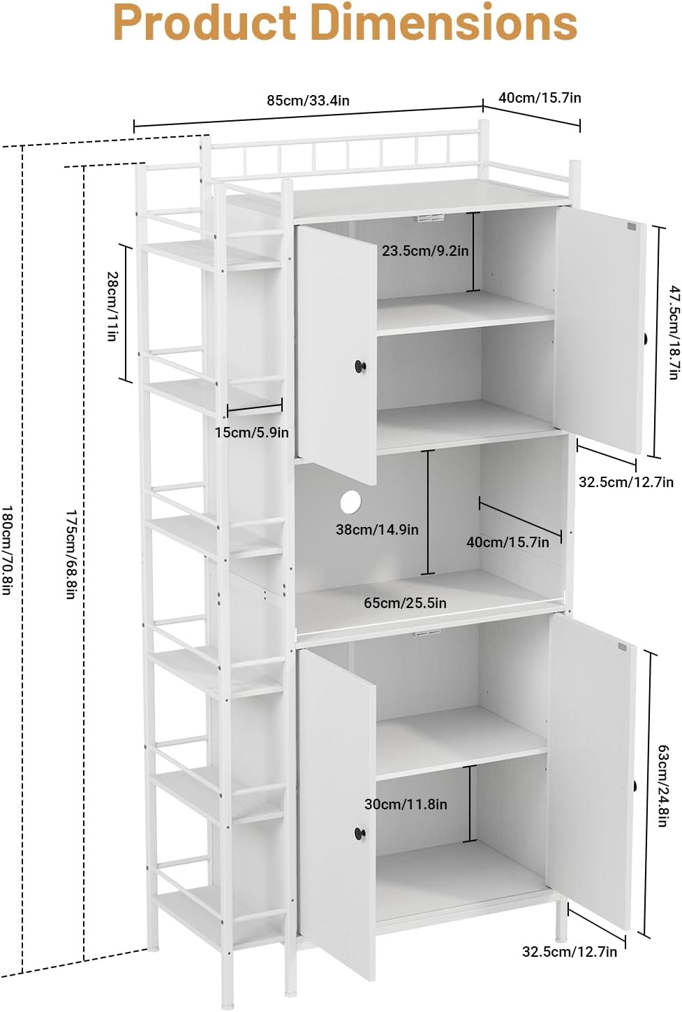 Industrial Style White Kitchen Pantry Cabinet, Tall Kitchen Hutch with Microwave Stand, Food Storage Cabinet with 6 Side Shelves and 2 Doors for Dining Room, and Living Room