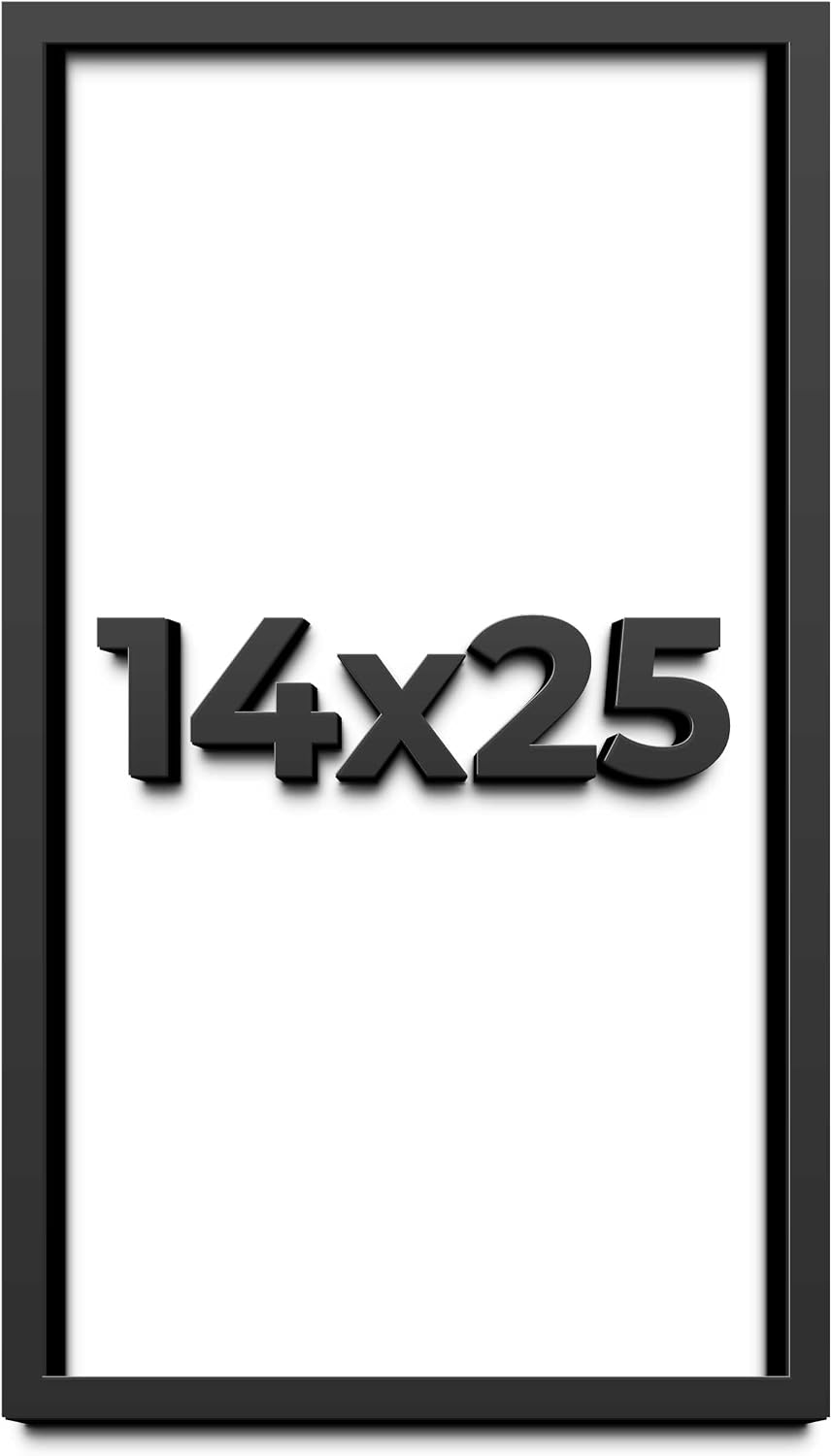 14x25 Shadow Box Black Solid Wood Display Frame with White Acid-Free Backing UV Acrylic & Hanging Hardware - with 3/4' Usable Depth