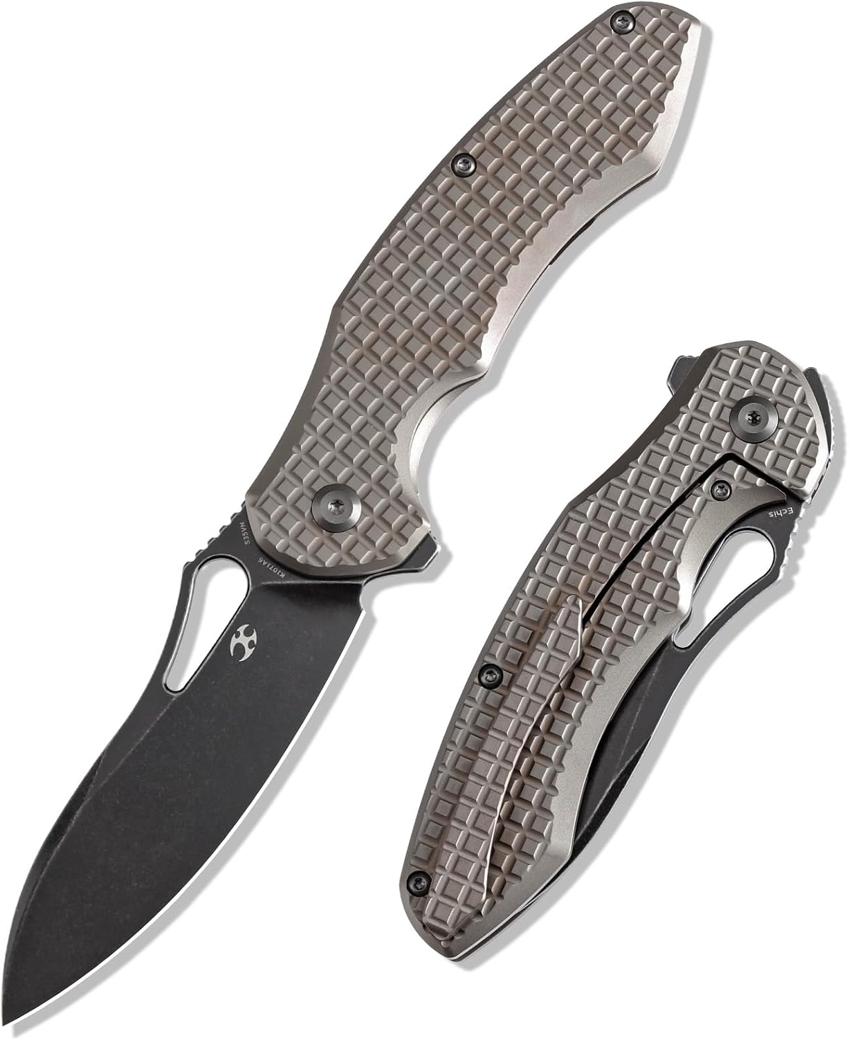 KANSEPT Echis Pocket Folding Knives for Men Women Camping Hiking Folding Knife 3.45'' Black Stonewashed CPM S35VN Blade with Bronzed Anodized Titanium with Frag Pattern Handle Everyday Carry K1071A6