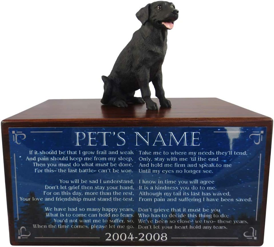 Wooden Pet Urns for Dogs with Black Labrador Figurine & Poem The Last Battle | Personalized Dog Memorial Urn for Ashes | Medium Paulownia Pet Urn for Lab | Pet Memorial | Conversation Concepts