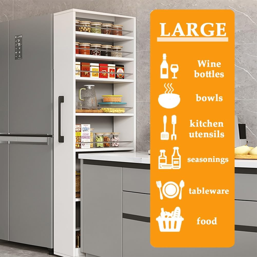7-Tier Slim Storage Cart, Wooden Rolling Pantry Cabinet with Wheels, Shelving Unit Organizer for Kitchen, Bakers Rack, Dining Room, Closet(White,21.6' Dx7.9 Wx72.5 H)