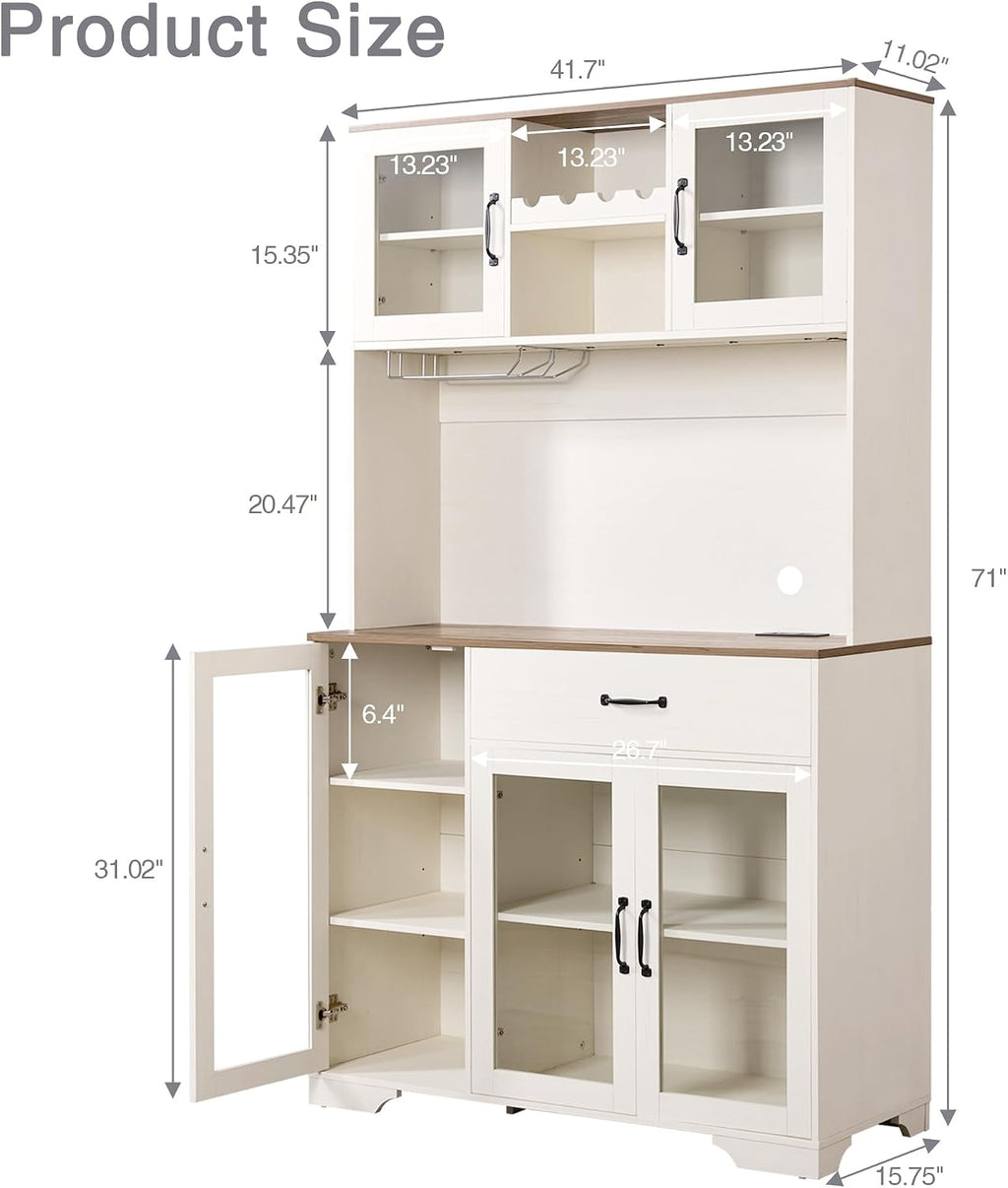 Fatmok 71' Tall Pantry Cabinet with Glass Doors, Kitchen Hutch Storage Cabinet, Coffee Bar & Liquor Cabinet with Charging Station & LED Lights, Wine Rack, Adjustable Shelves & Large Drawer, White