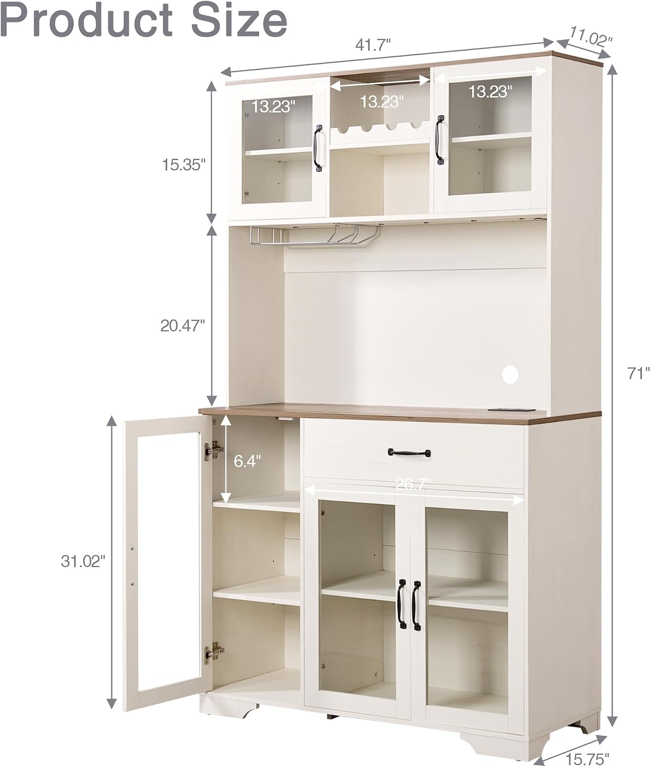 Fatmok 71' Tall Pantry Cabinet with Glass Doors, Kitchen Hutch Storage Cabinet, Coffee Bar & Liquor Cabinet with Charging Station & LED Lights, Wine Rack, Adjustable Shelves & Large Drawer, White