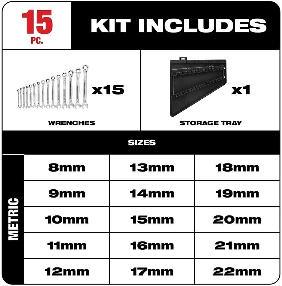 15 PC 48-22-9516 Open-End Wrench Sets for Milwaukee Ratcheting Combination Wrench Set w/storage tray