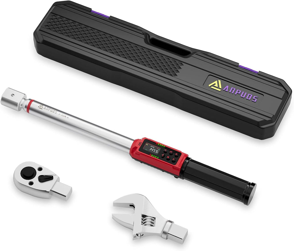ANPUDS Adjustable Digital Torque Wrench, 2.2-147.5 Ft.lb, ±1% Accuracy | 3-200 Nm, 45mm Jaw & 1/2' Ratchet, 14×18mm Open End, Vibration, Buzzer and LED Indicator, for HVAC, Split AC, Auto, Plumbing