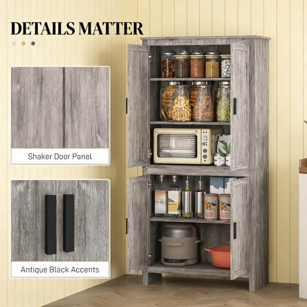 64' Adjustable Shelves Freestanding Storage Cabinet, Kitchen Storage Bakers Rack with Anti-Tipping Design, Utility Food Cupboard with 5-Tier Shelving for Home Kitchen Dining Room, Grey