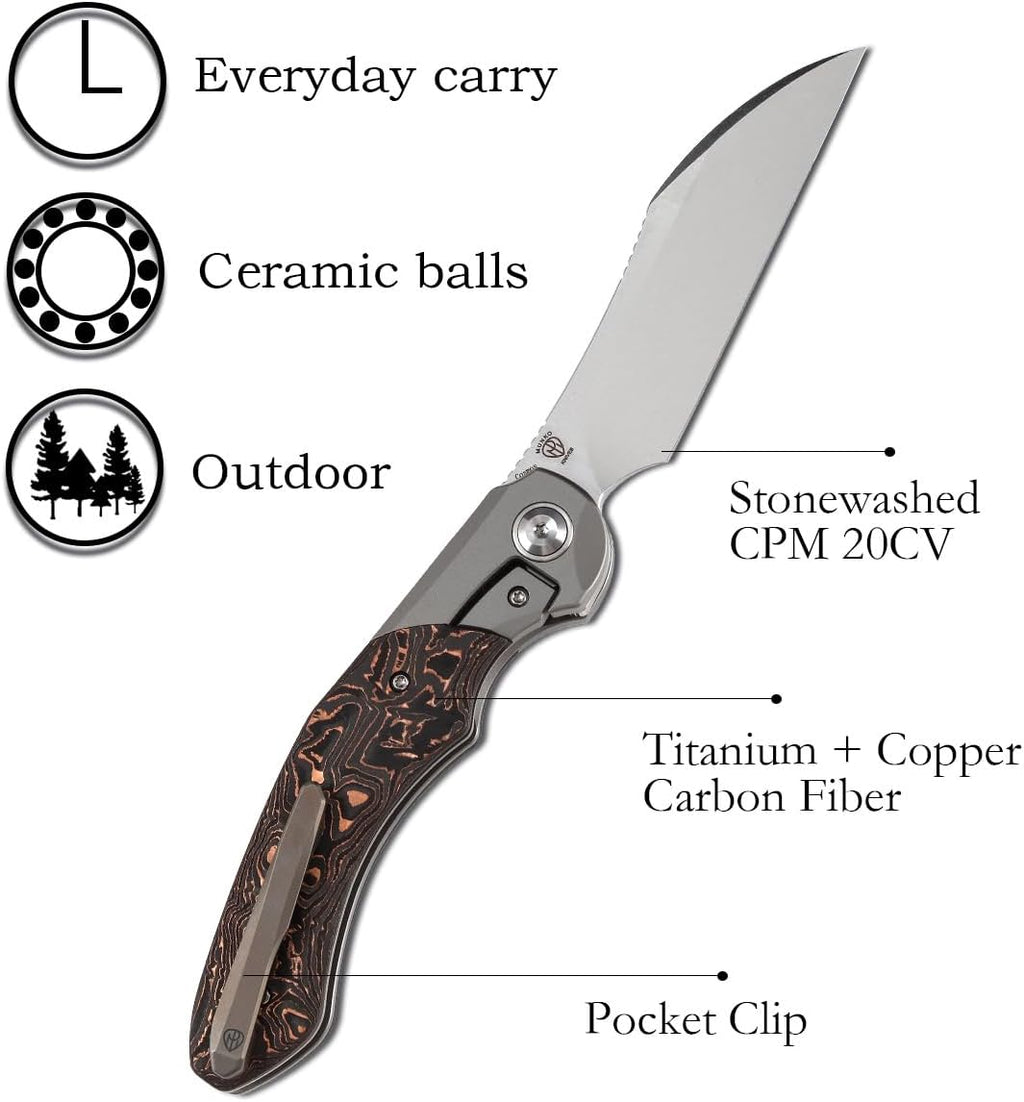 KANSEPT Cosmos Pocket Folding Knives for Men EDC Camping Knife 3.58'' CPM 20CV Blade Material Pocket Folding Knife with Titanium Copper Carbon Fiber Handle Everyday Carry K1059A1