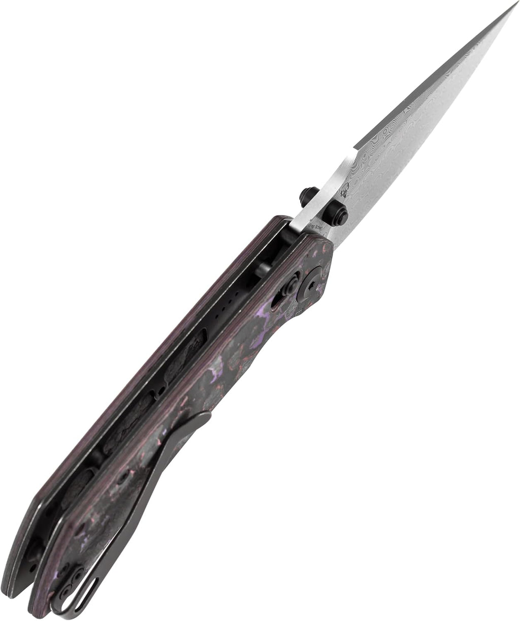 KANSEPT Fenrir Pocket Knife, 3.48'' Damascus Harpoon Blade, Purple Haze Fatcarbon Handle with Crossbar Lock, Thumb Stud Deep Clip for Edc, Camping Survival Hiking Folding Knives K1034V9