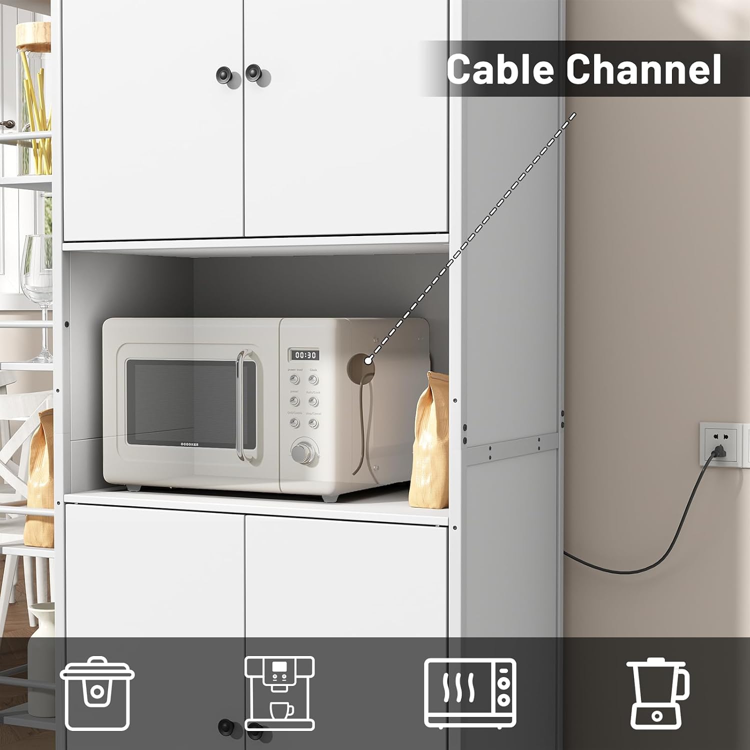 Industrial Style White Kitchen Pantry Cabinet, Tall Kitchen Hutch with Microwave Stand, Food Storage Cabinet with 6 Side Shelves and 2 Doors for Dining Room, and Living Room