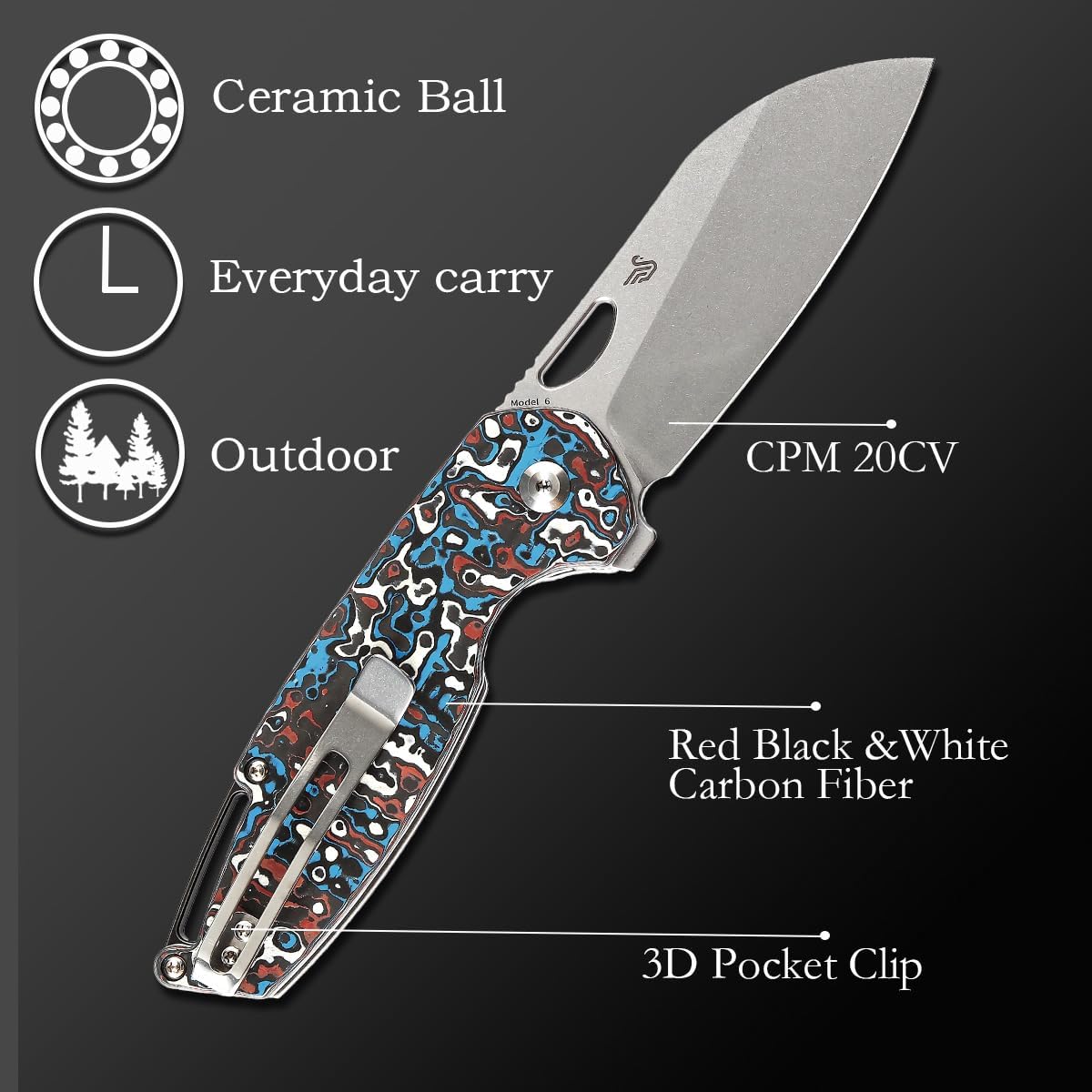 KANSEPT Model 6 Pocket Folding Knives EDC Camping Folding Knife 3.1'' Stonewashed CPM 20CV Material Pocket Folding Knife with Red Black &White Carbon Fiber Handle Everyday Carry K1022A7