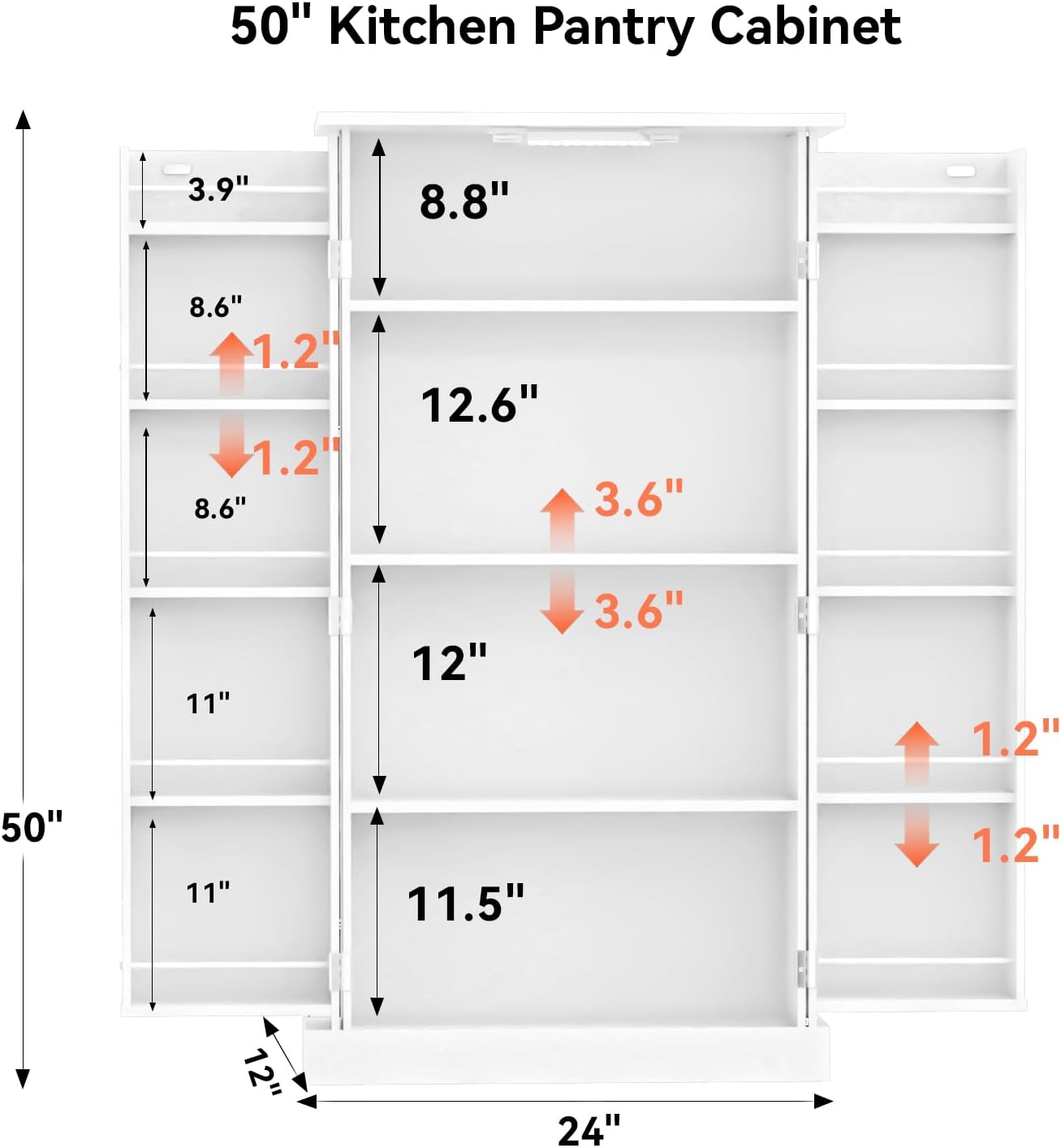FJTJBSI 50' LED Kitchen Pantry Cabinet with 3 Adjustable Shelves and 2 Doors Wood Pantry Storage Cabinet with Handle for Kitchen Living Room and Dinning Room White