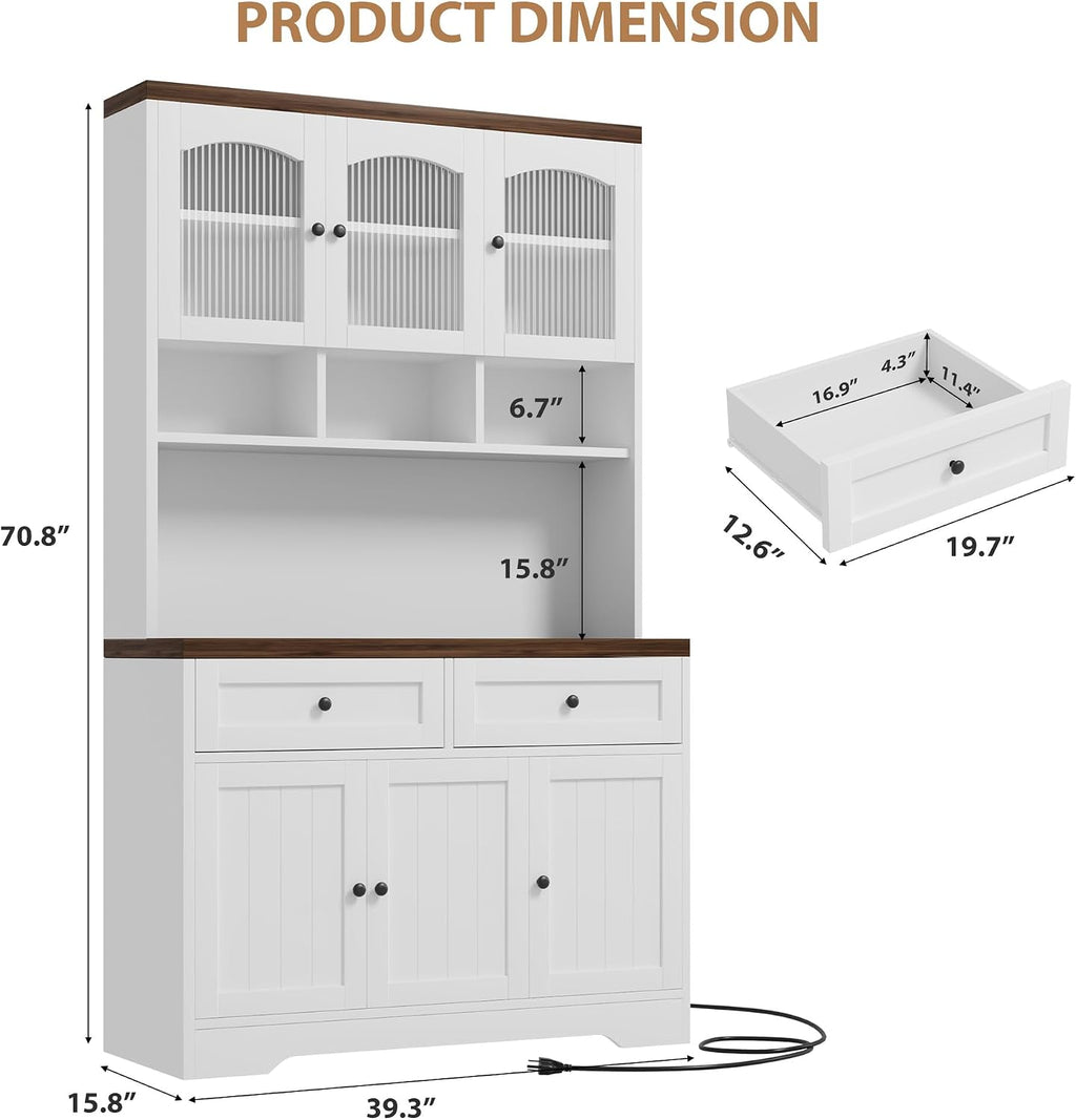 Garvee 71' Pantry Cabinet with Charging Station, Tall Kitchen Pantry Storage Cabinet with Microwave Stand, Farmhouse Kitchen Hutch with Storage Drawers for Living Room, Dining Room, White