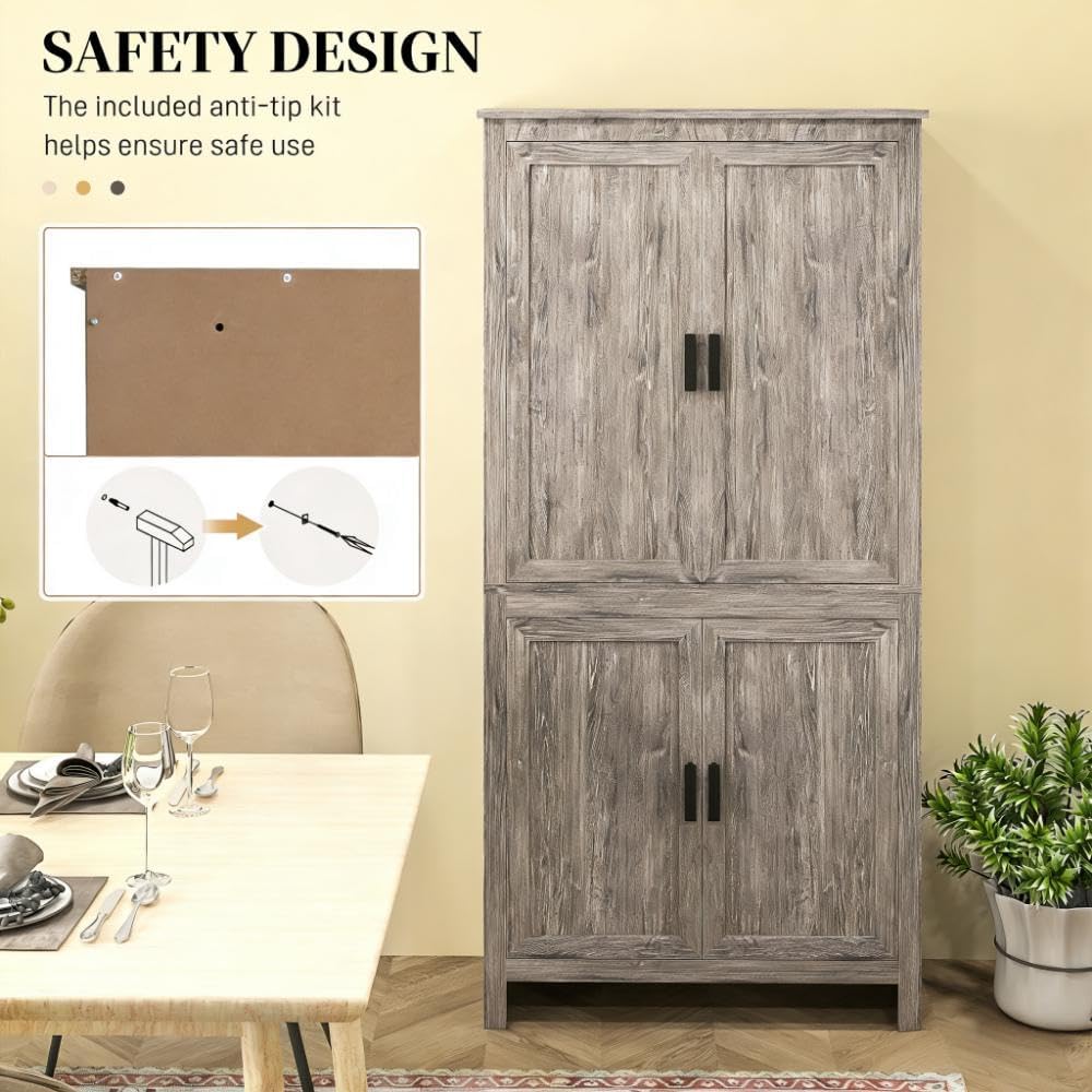 64' Adjustable Shelves Freestanding Storage Cabinet, Kitchen Storage Bakers Rack with Anti-Tipping Design, Utility Food Cupboard with 5-Tier Shelving for Home Kitchen Dining Room, Grey