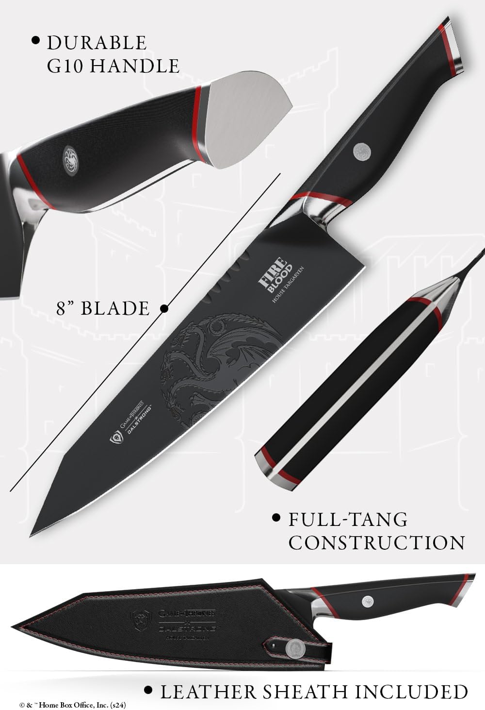 Dalstrong Game of Thrones House Targaryen 8' Chef Knife — German X50CRMOV15 Steel, TiN-Coated, G-10 Handle — Officially Licensed — For GoT Fans, Collectors & Real Kitchen Use