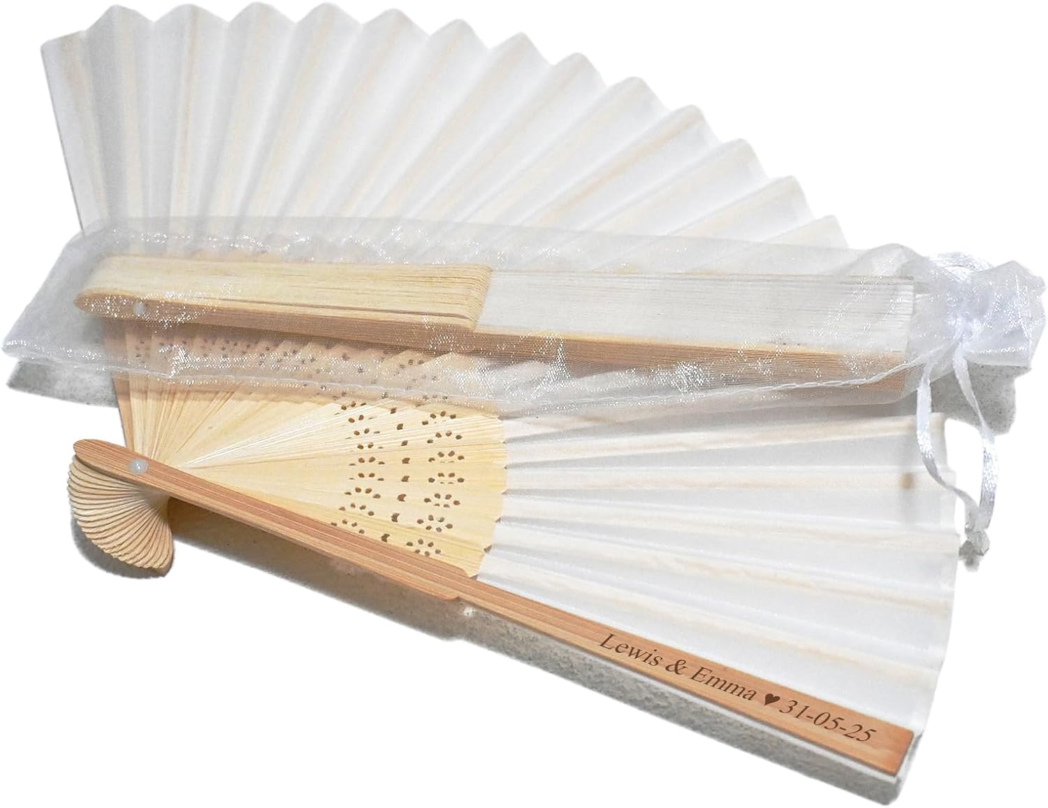 Personalized Engraved Silk Fans Folding Hand Fans with Organza Bags, 102Pcs White Summer Wedding Fans, Custom Imitated Silk-Bamboo Fans for Guests Wedding Party Favor Bridal Shower Gifts