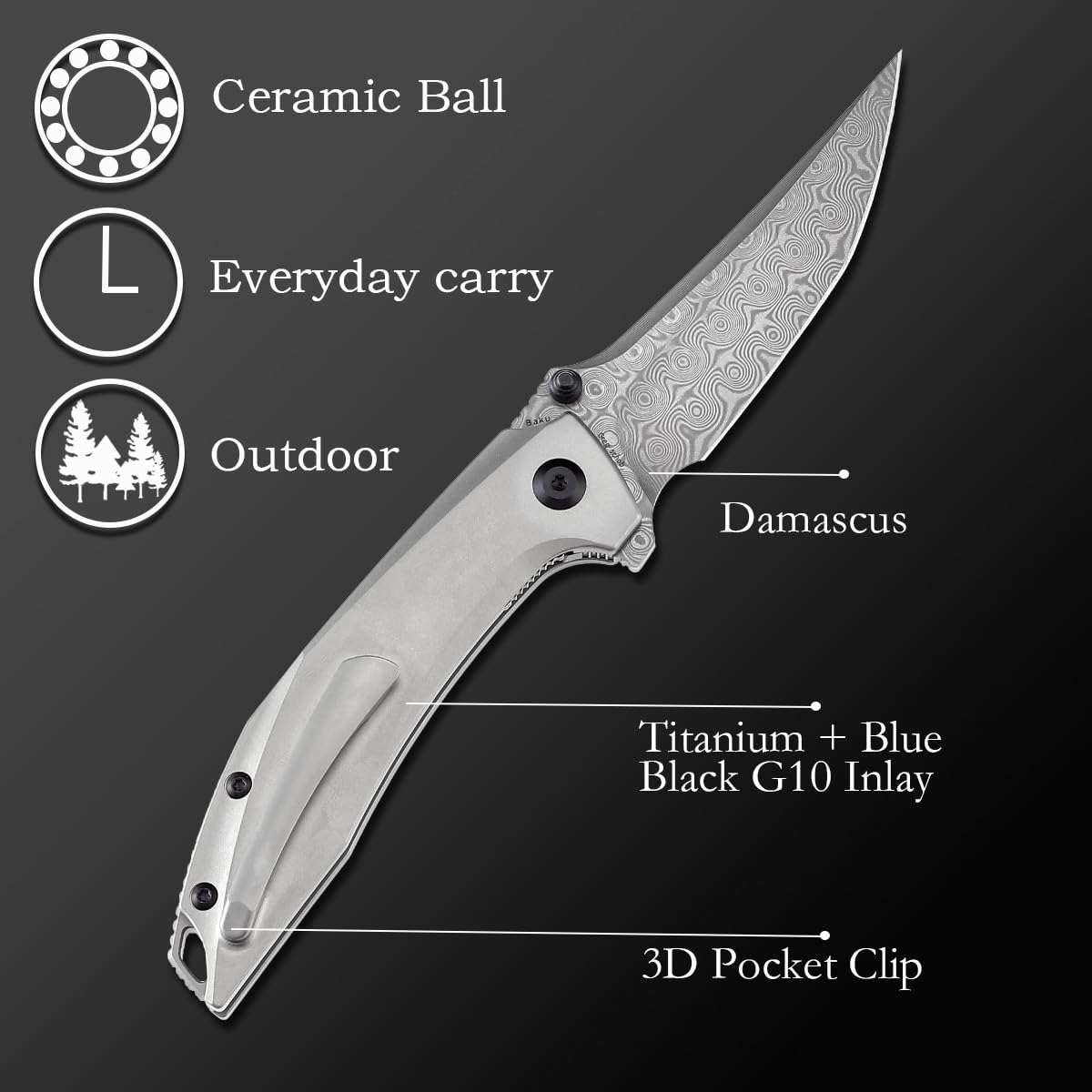 KANSEPT Baku Pocket Folding Knives for Men EDC Camping Folding Knife 3.2'' Damascus Material Outdoor Folding Knives with Titanium Blue Black G10 Inlay Handle Everyday Carry K1056A4