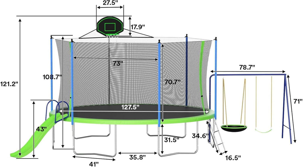 Skepphlay 16ft 14ft 12ft Trampoline Outdoor for Kids and Adults, ASTM Approved Recreational Trampoline, Round Trampoline with Basketball Hoop & Enclosure Net for Backyard