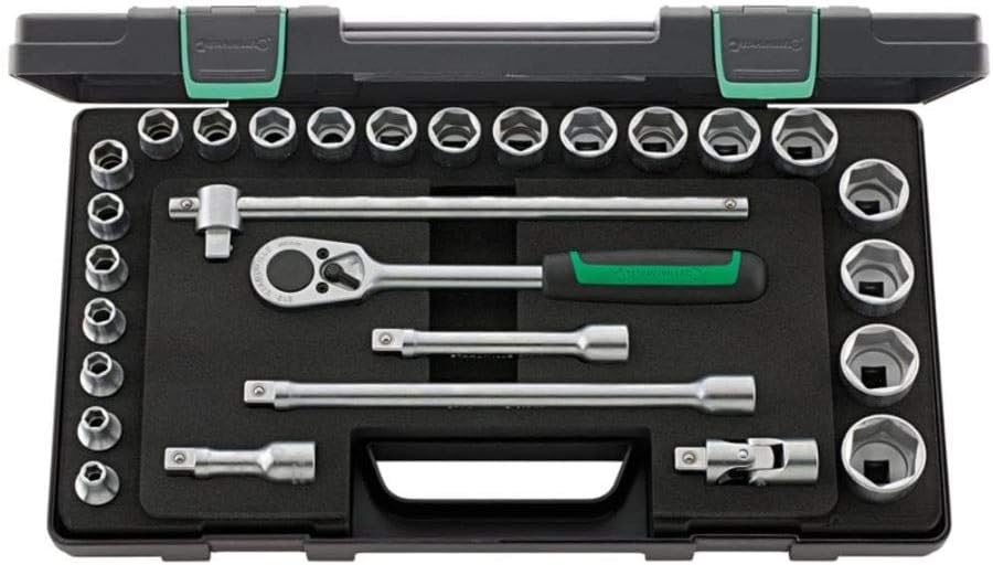 Stahlwille 96031409 28-Piece 1/2' Drive Hex Socket Set (8-32mm), Includes Ratchet & Accessories, Heavy-Duty, ABS Plastic Case, Made in Germany