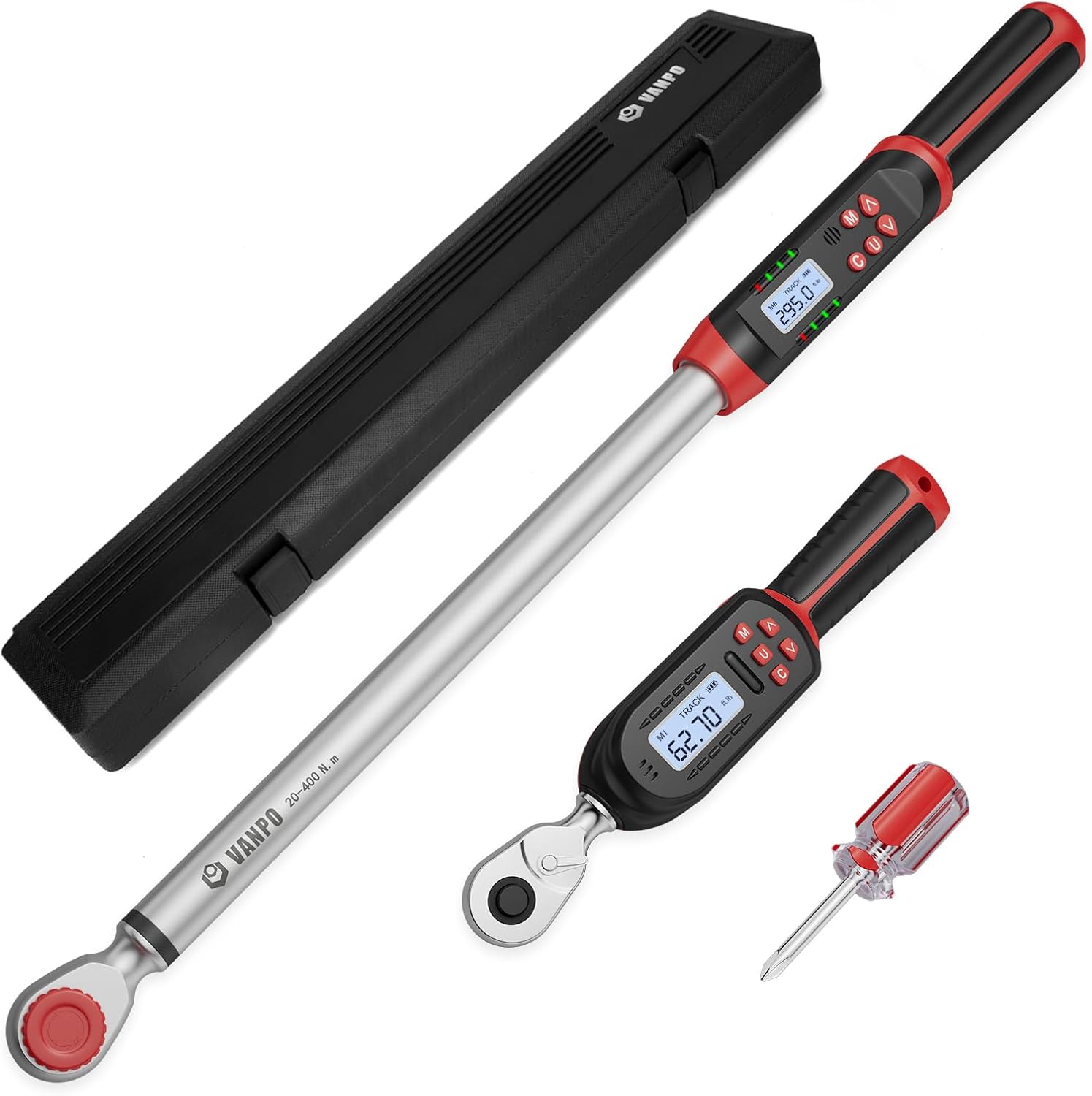 VANPO 3/8' & 1/2' Digital Torque Wrench Set, 3.1-62.7Ft.lb+14.7-295Ft.lb | 4.2-85Nm+20-400Nm, ±2% Accuracy, Preset Value, Buzzer & LED Indicator, Data Storage, for Car, Motorcycle, Truck, RV & Towing