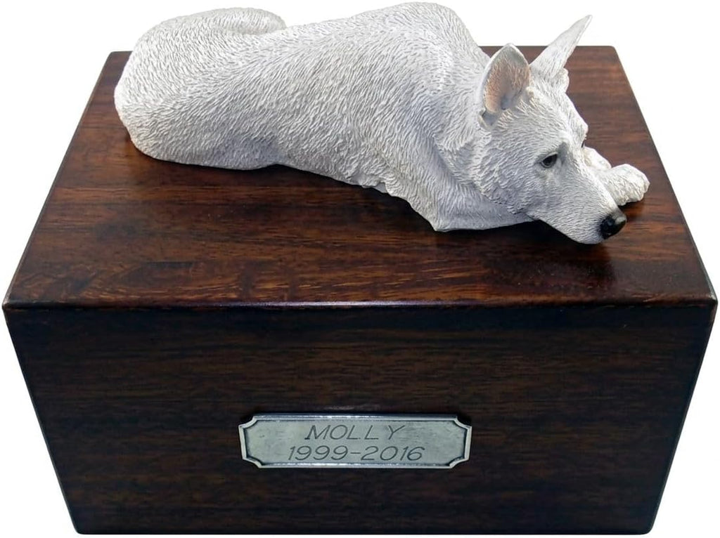 Wooden Pet Urns for Dogs with White German Shepherd My Dog Figurine | Personalized Large Dog Urn for Ashes | Paulownia Wood Pet Memorial Box with Engraved Pewter Plaque | Conversation Concepts