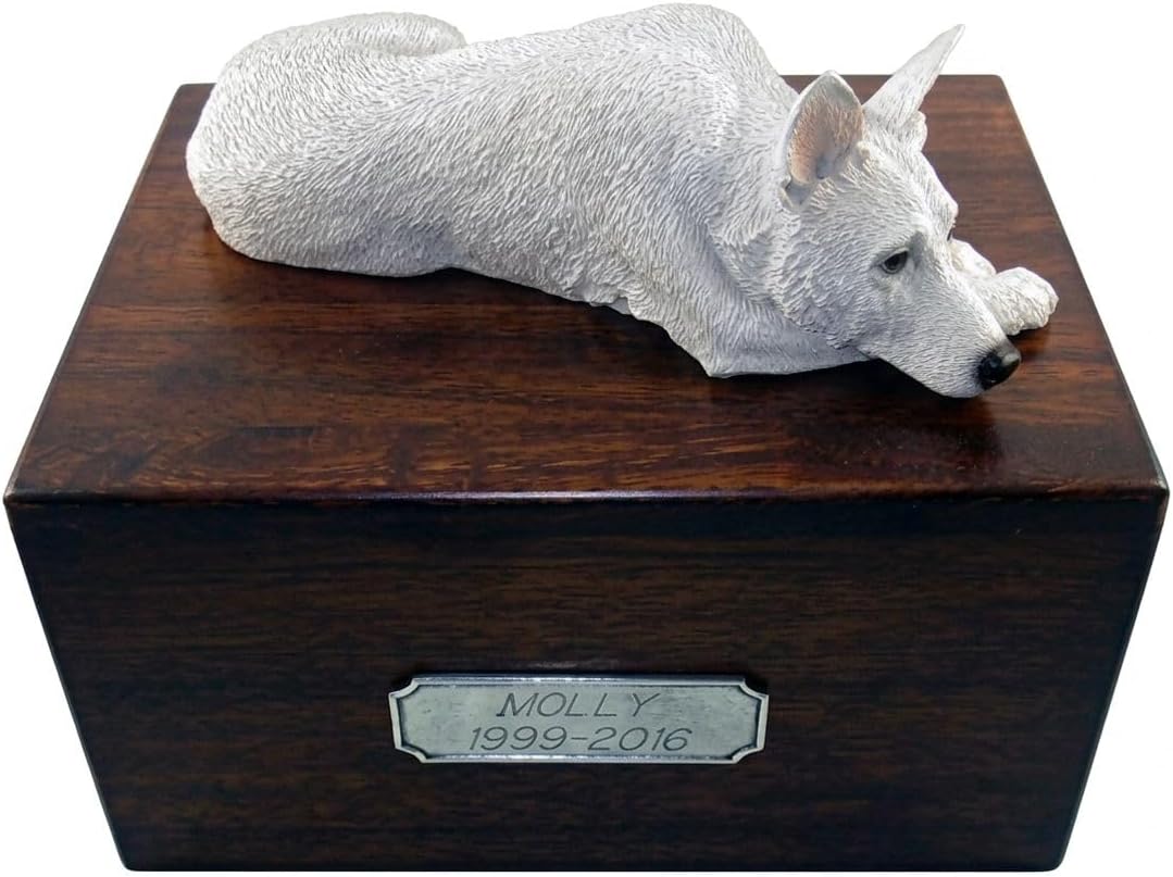 Wooden Pet Urns for Dogs with White German Shepherd My Dog Figurine | Personalized Large Dog Urn for Ashes | Paulownia Wood Pet Memorial Box with Engraved Pewter Plaque | Conversation Concepts