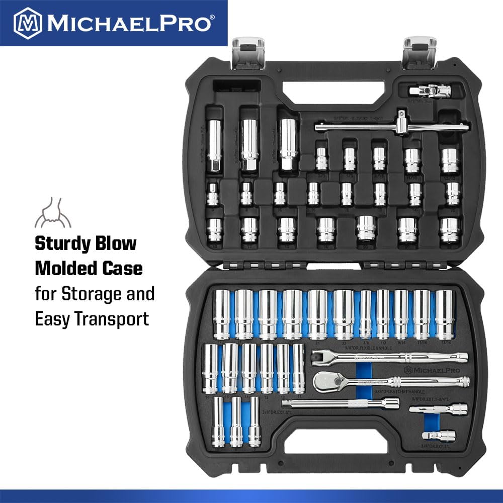 MichaelPro 50-Piece 3/8'' Dr. Socket Set, 90-Tooth Standard & Deep Sockets, SAE 3/8''- 13/16'' & Metric 8-22mm, with Extensions, 8'' Flex Handle, Sliding T-Bar, Universal Joint, CR-V Steel | MP005060
