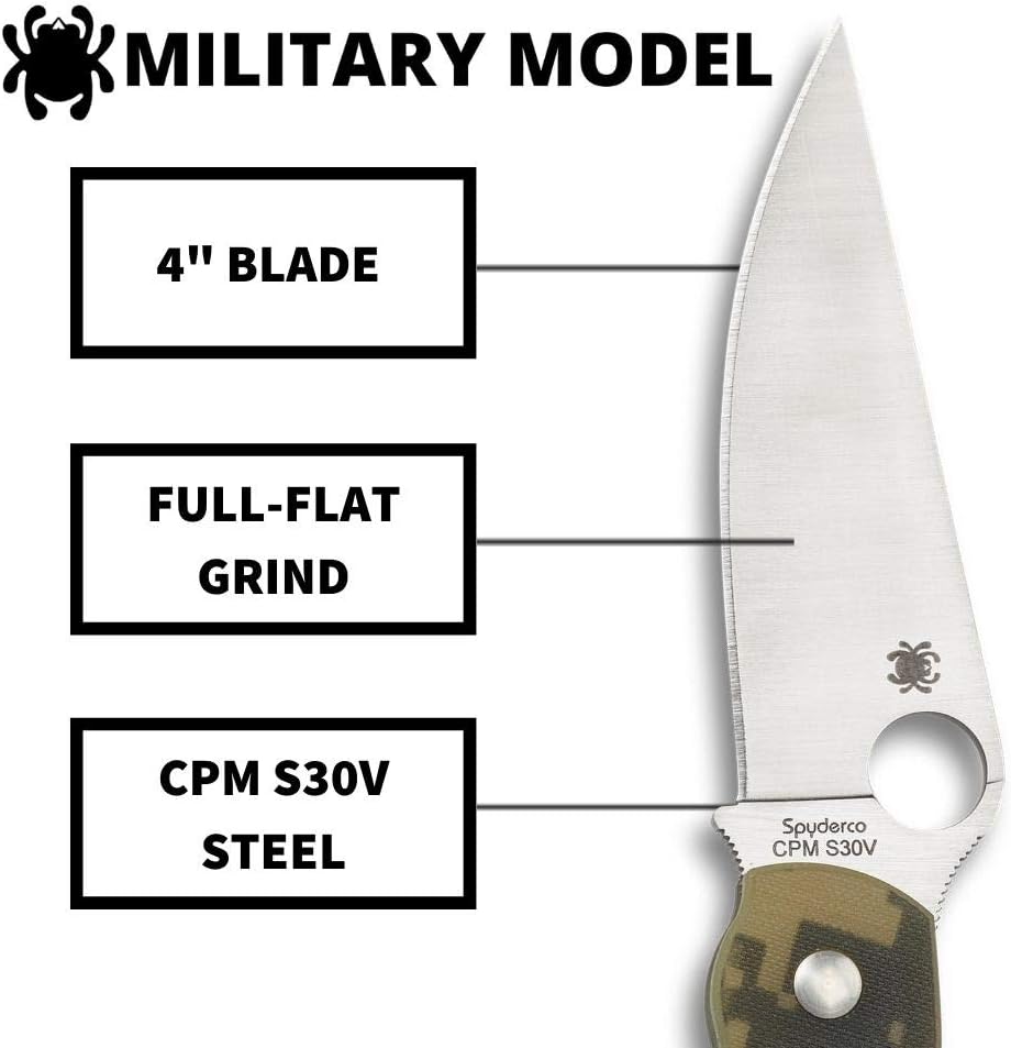 Spyderco Military Model Signature USA-Made Knife with 4' CPM S30V Stainless Steel Blade and Durable Camo G-10 Handle - PlainEdge - C36GPCMO