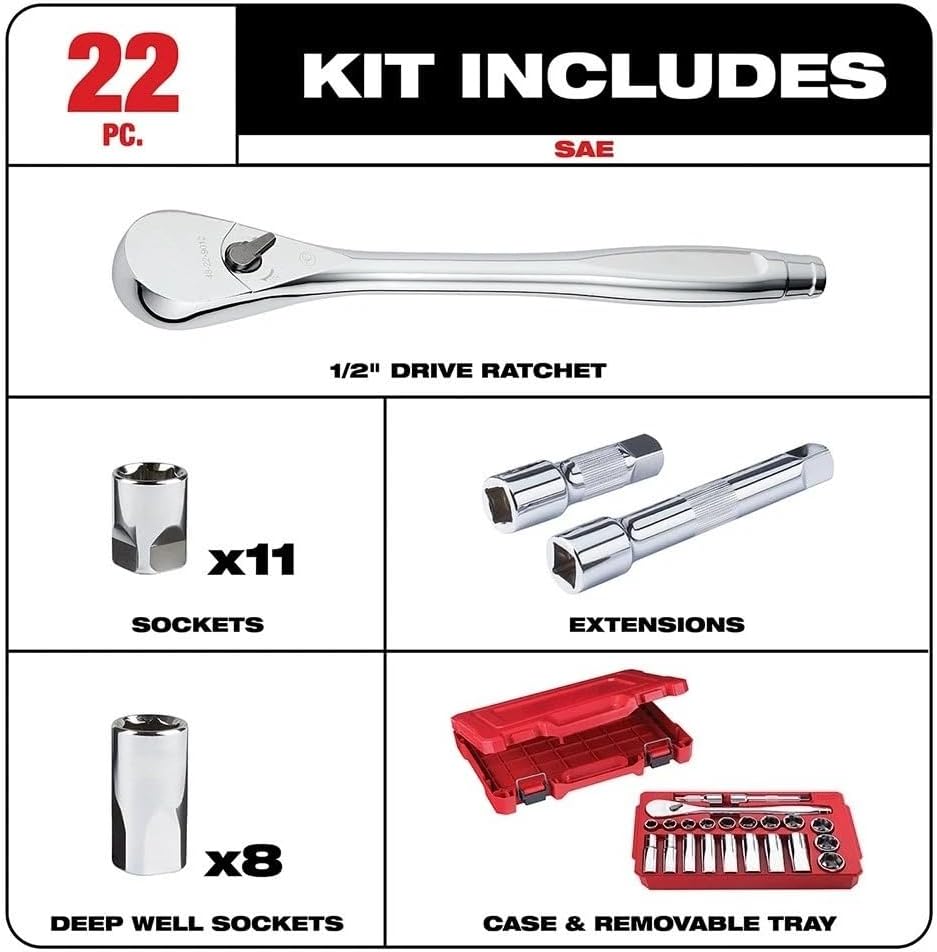 22 PC 48-22-9410 Socket Wrench Set for Milwaukee 1/2' Ratchet and Socket Set with carrying case