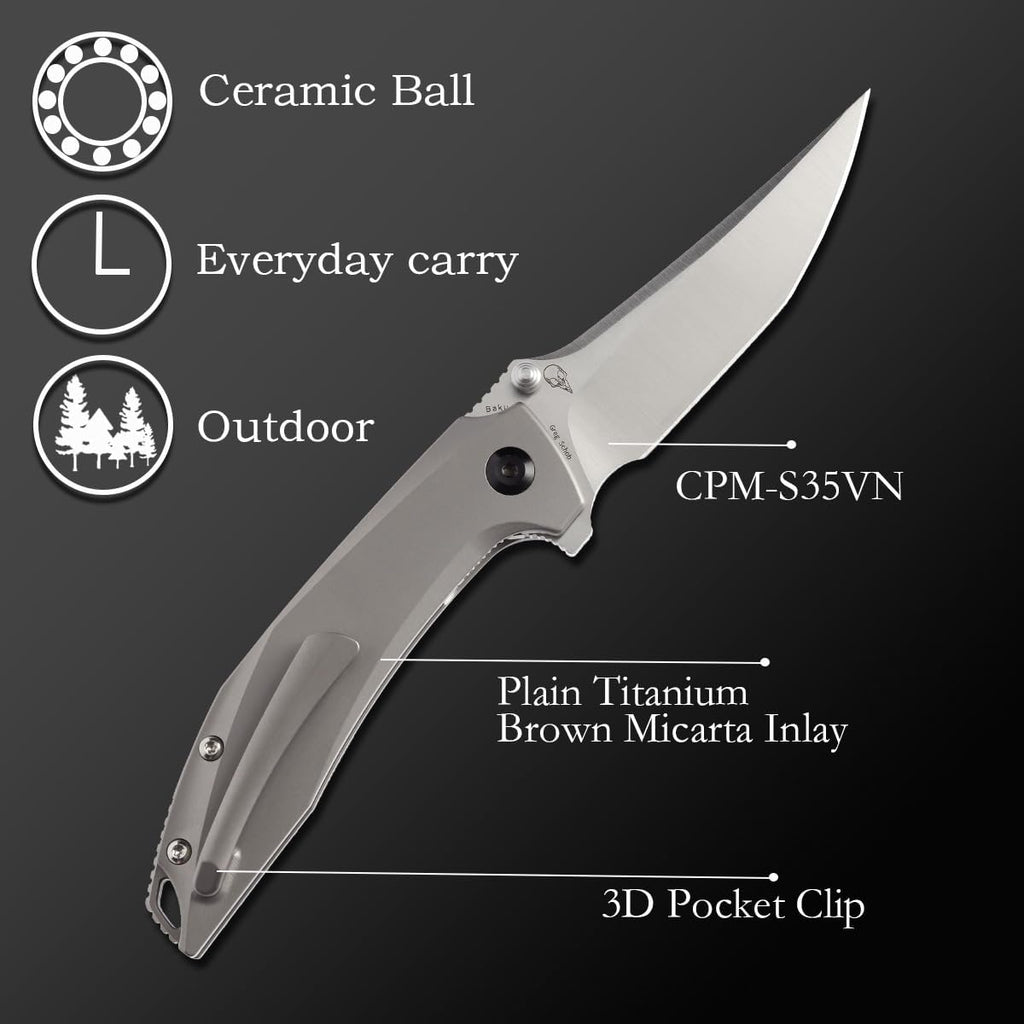 KANSEPT Baku Pocket Folding Knives for Men EDC Camping Folding Knife 3.2'' Satin CPM-S35VN Material Outdoor Folding Knives with Titanium Brown Micarta Handle Everyday Carry K1056A2