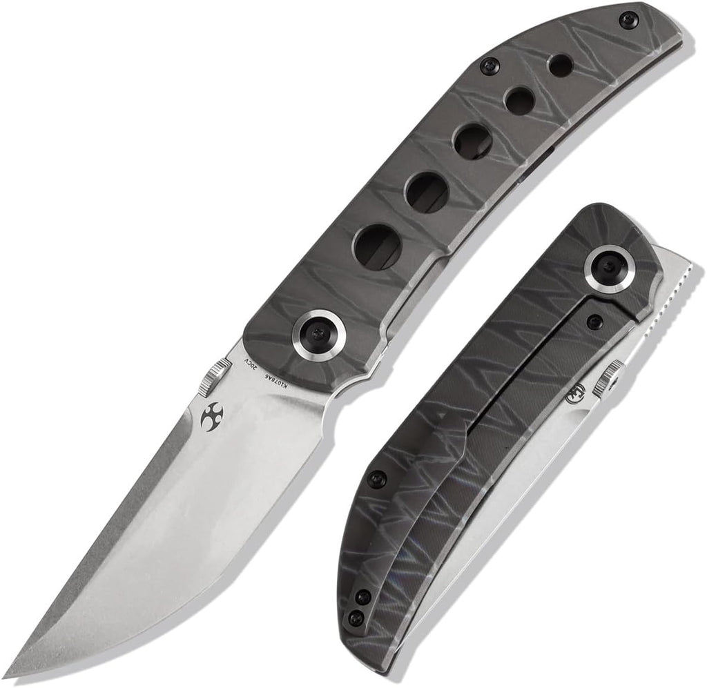 KANSEPT Tarkin Camping Pocket Knives for Men 7.87in Folding Pocket Knives with 3.42in CPM 20CV Material and Tiger Stripe Flamed Titanium with Holes Handle for Outdoor, Tactical, Survival K1078A6