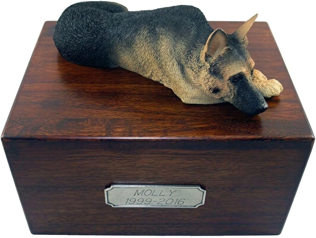 Wooden Pet Urns for Dogs with Black & Tan German Shepherd My Dog Figurine | Personalized Large Dog Urn for Ashes | Paulownia Wood Pet Memorial Box with Engraved Pewter Plaque | Conversation Concepts