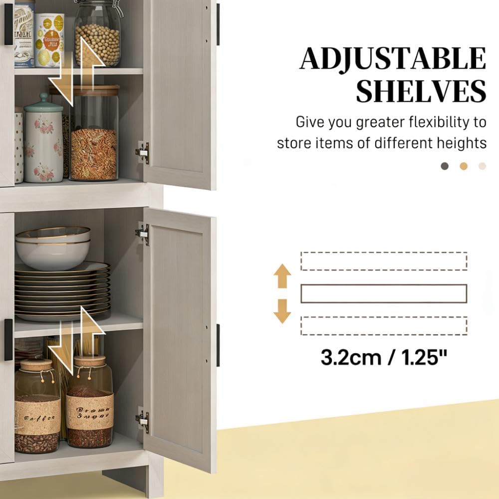 64' Adjustable Shelves Freestanding Storage Cabinet, Kitchen Storage Bakers Rack with Anti-Tipping Design, Utility Food Cupboard with 5-Tier Shelving for Home Kitchen Dining Room, Antique White