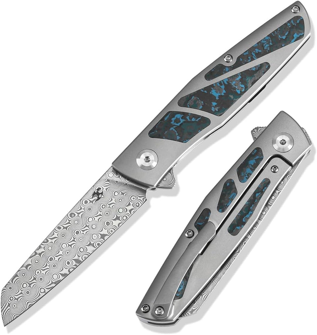 KANSEPT Cru Camping Pocket Knives for Men 8.19' Folding Pocket Knives with 3.46' Damascus and Purple Plain Titanium & Artic Storm Fatcarbon Handle for Outdoor, Tactical, Survival K1092A3