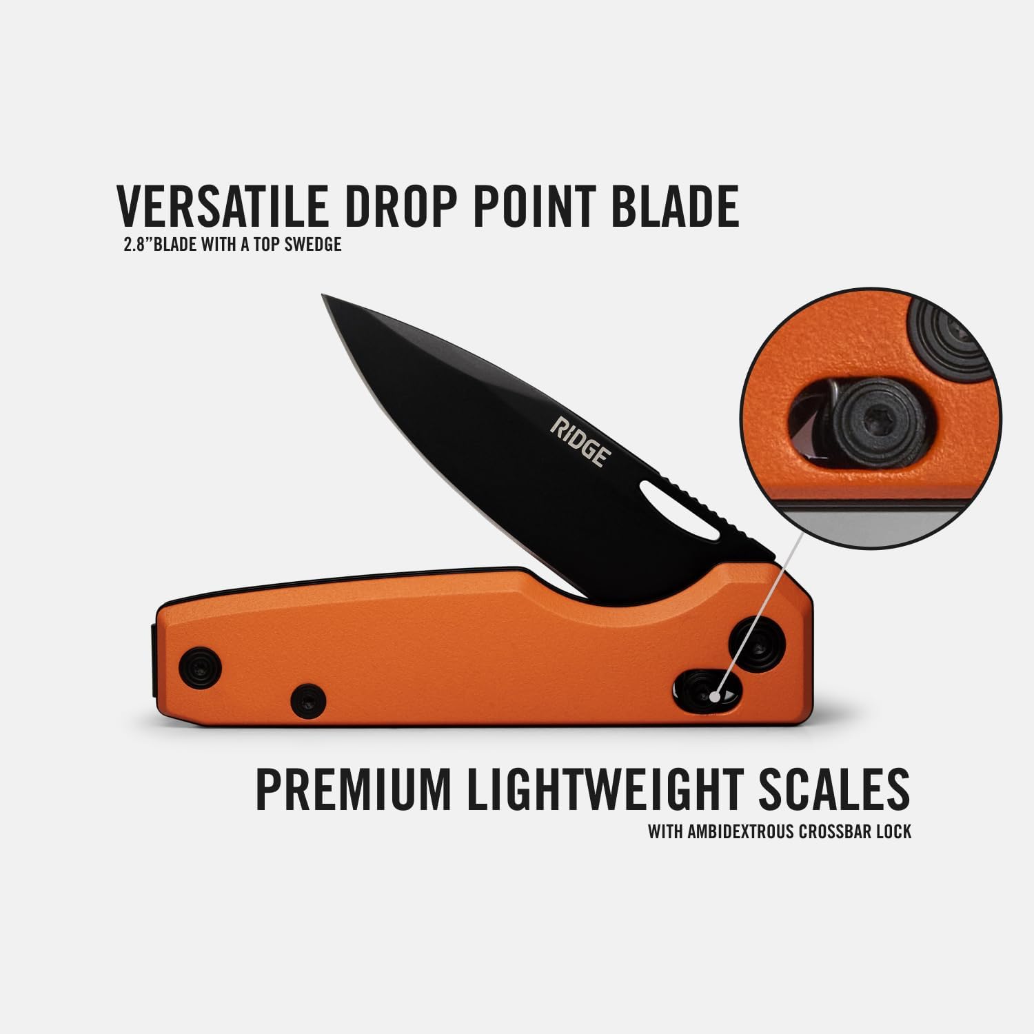 Ridge Everyday Folder Knife - Premium EDC Pocket Knife, Sandvik 14C28N Steel Drop Point Blade with Black DLC Finish, Ceramic Bearings, Deep Carry Clip & Multipurpose Design (Basecamp Orange)