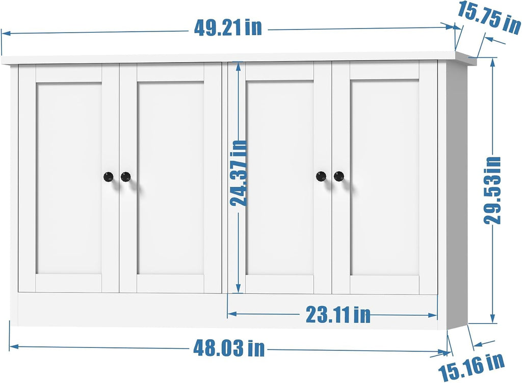 holzart White Buffet Cabinet with Storage, 49' Modern Kitchen Sideboard with 4 Doors & Adjustable Shelves, Wood Coffee Bar Cabinet Console Table for Dining Room, Living Room, Entryway