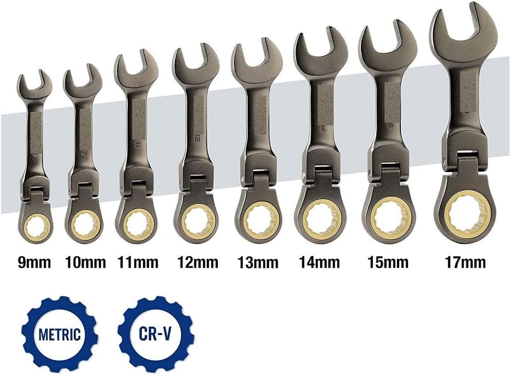 8-Piece Flex-Head Stubby Ratcheting Combination Wrench Set Metric 9-17mm