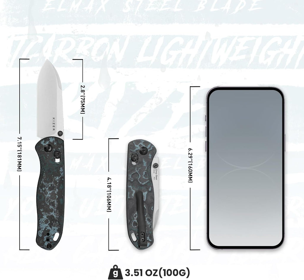 Kizer Drop Bear Pocket Knife, Folding Knife, 2.97 In Elmax Steel Blade, Fatcarbon Carbon Fibre Handle, Folding Pocket Knife, EDC knife, Ki3619A2