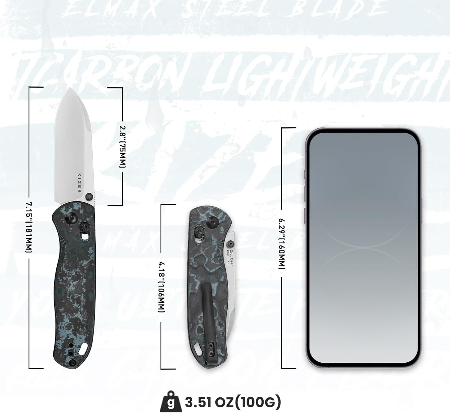 Kizer Drop Bear Pocket Knife, Folding Knife, 2.97 In Elmax Steel Blade, Fatcarbon Carbon Fibre Handle, Folding Pocket Knife, EDC knife, Ki3619A2