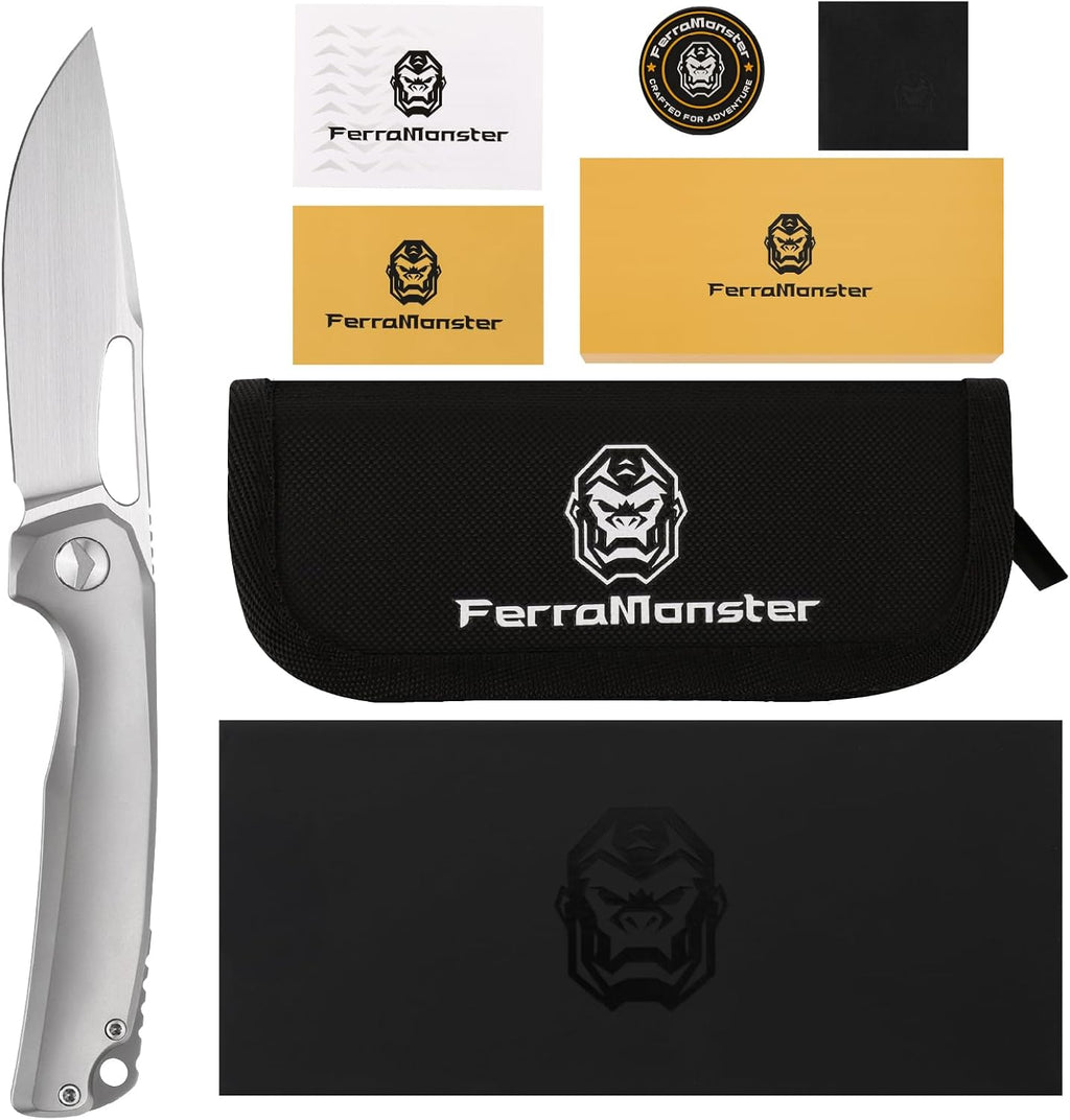 Pocket Knife, 3.5' M390 Blade Folding Knife Hunting Knife with Titanium Handle and Pocket Clip, EDC Knives for Hunting Camping Survival Outdoor Fishing Hiking（Grey）