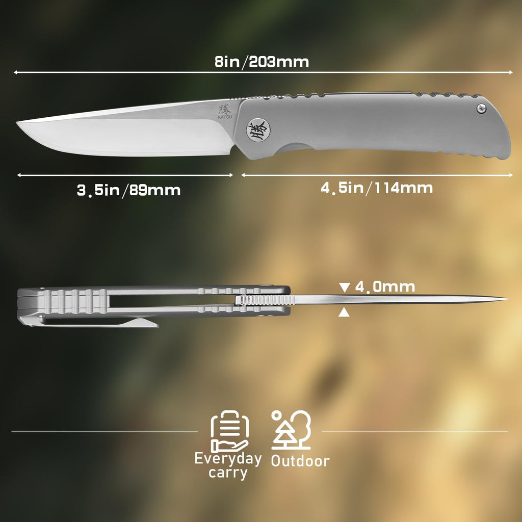 KATSU Folding Knife ZDP-189 Steel 3.5' Blade,Japanese Sandblasted Titanium Handle Pocket Knife with Clip Convex Grind Frame lock, Quick Open EDC Flip Knives for Men Leather Sheath Hiking Camping