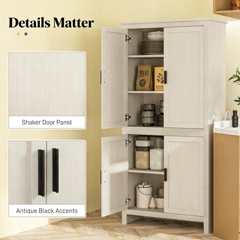 64' Adjustable Shelves Freestanding Storage Cabinet, Kitchen Storage Bakers Rack with Anti-Tipping Design, Utility Food Cupboard with 5-Tier Shelving for Home Kitchen Dining Room, Antique White